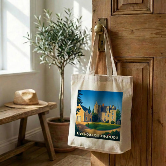 Tote bag souvenir de la ville de Rives-du-Loir-en-Anjou avec une illustration stylisée d'un château.