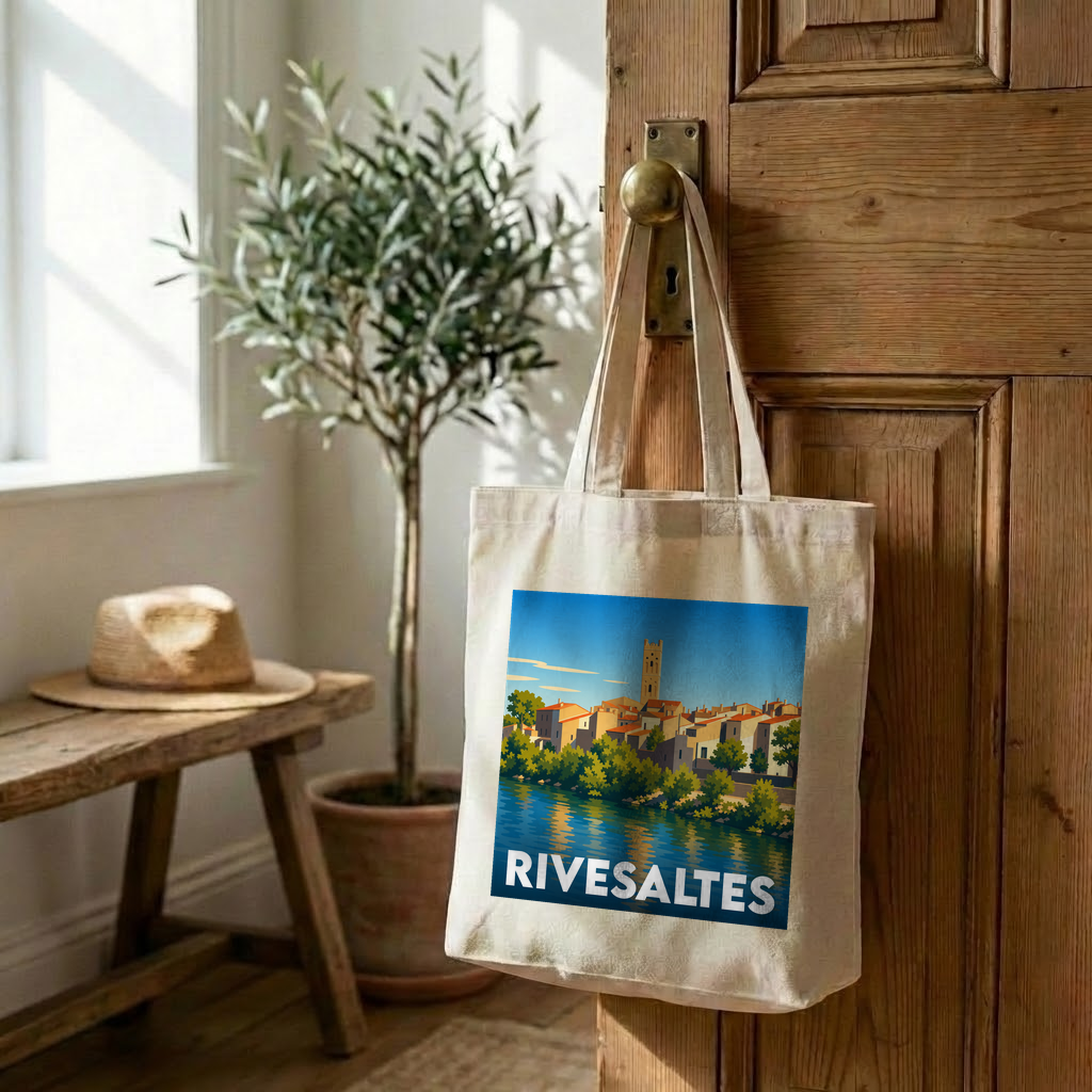 Tote bag souvenir de la ville de Rivesaltes avec une illustration stylisée.