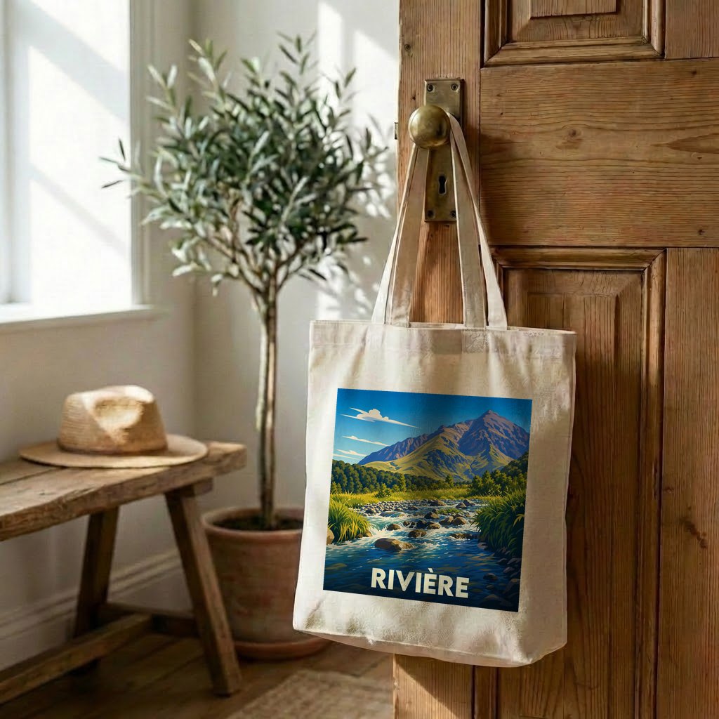 Tote bag souvenir de la ville de Rivière avec une illustration stylisée d'un paysage de montagne.