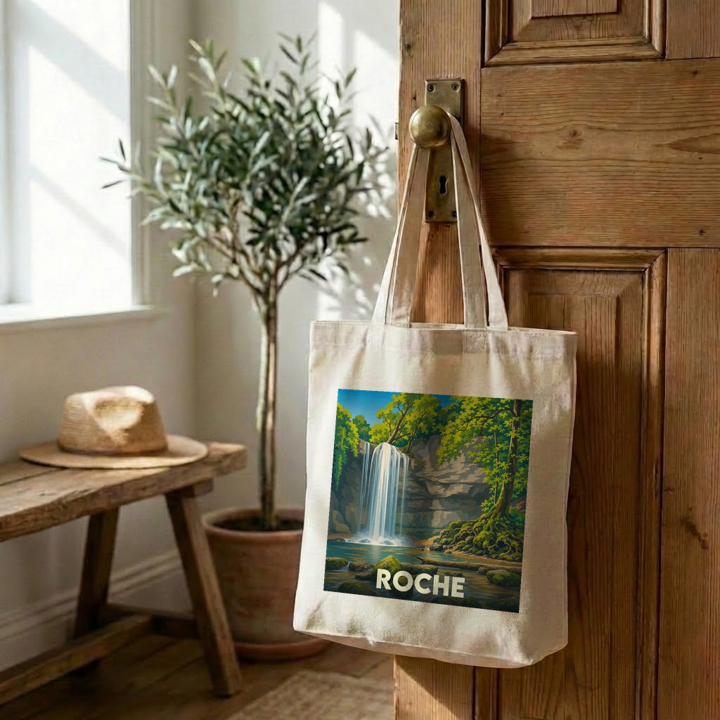 Sac cabas souvenir de la ville de Roche avec une illustration stylisée de cascade.
