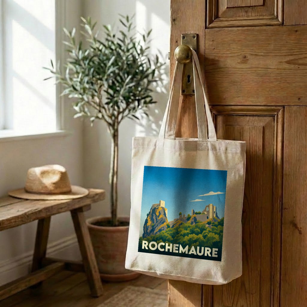 Tote bag souvenir de la ville de Rochemaure avec une illustration stylisée de son château médiéval.