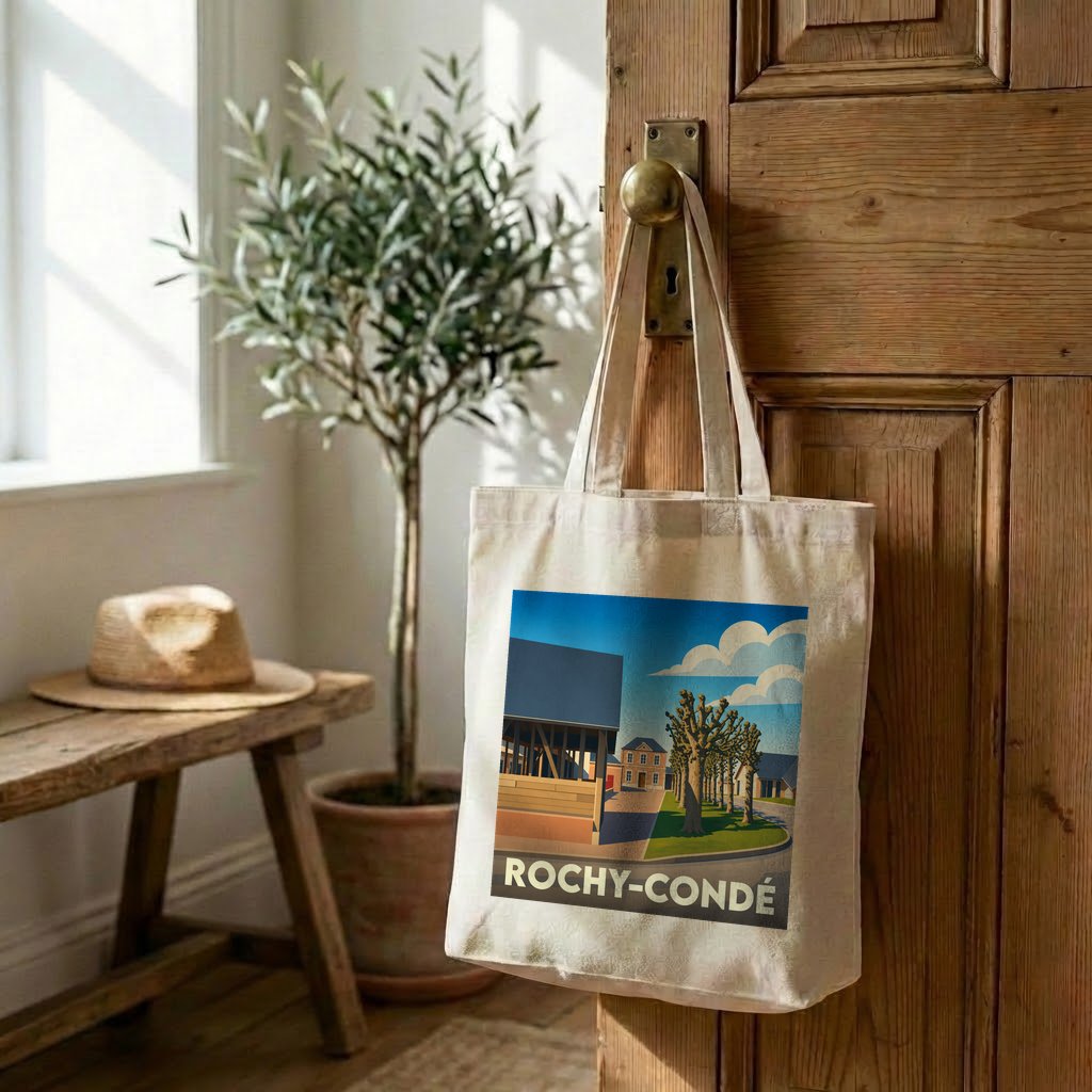 Tote bag souvenir de la ville de Rochy-Condé avec une illustration stylisée.