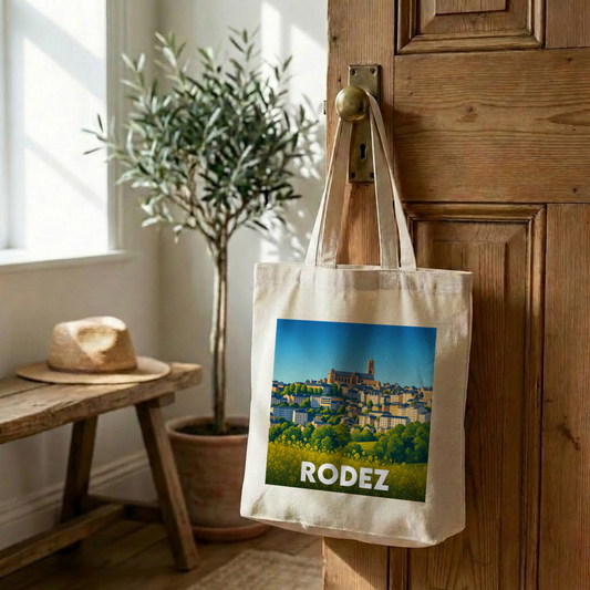Tote bag souvenir de la ville de Rodez avec une illustration stylisée.