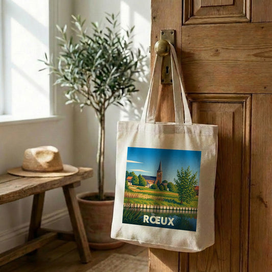 Tote bag souvenir de la ville de Rœux avec une illustration stylisée de son paysage.