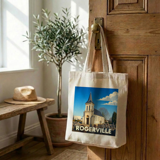 Tote bag souvenir de la ville de Rogerville avec une illustration stylisée de son église.