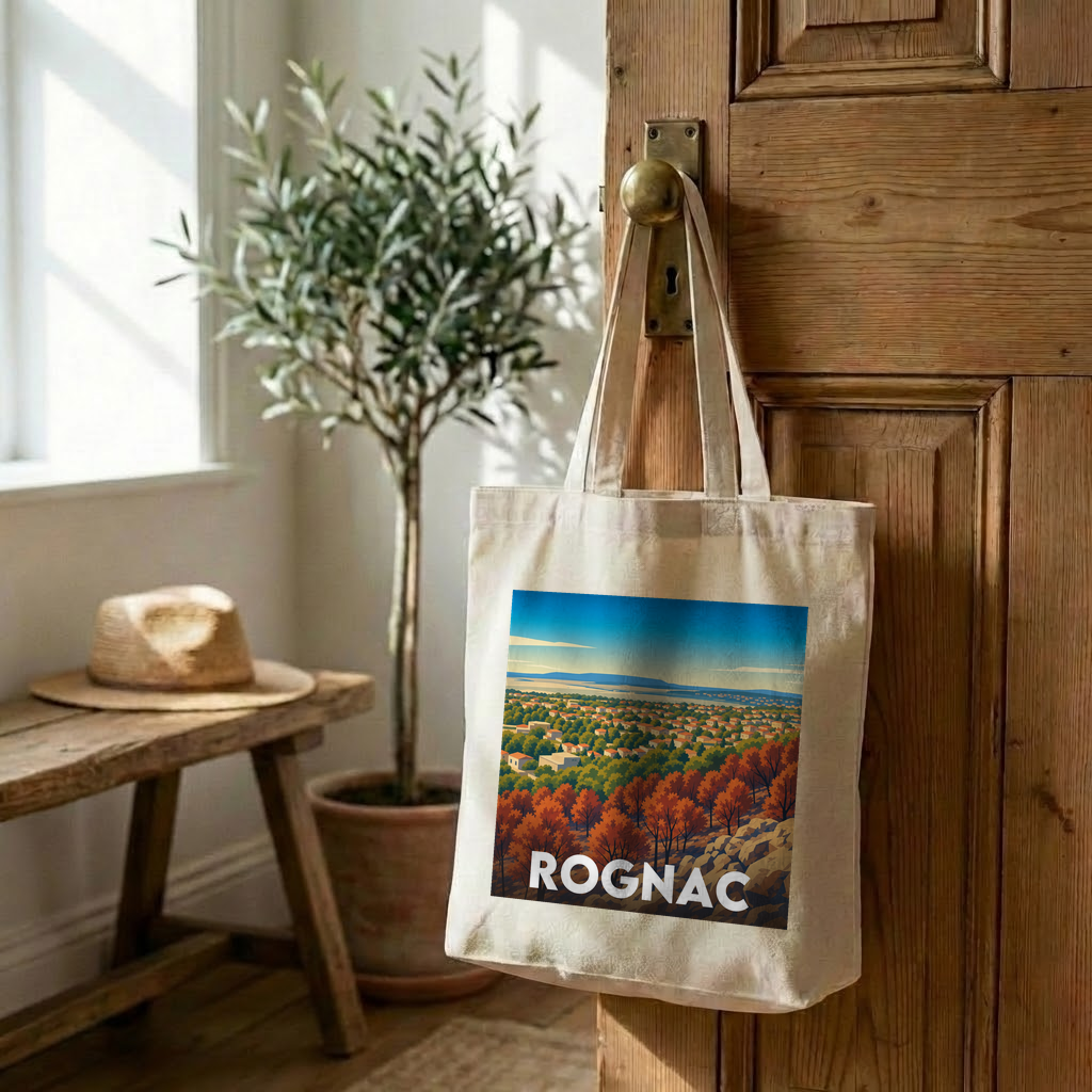 Tote bag souvenir de la ville de Rognac avec une illustration de paysage stylisée.