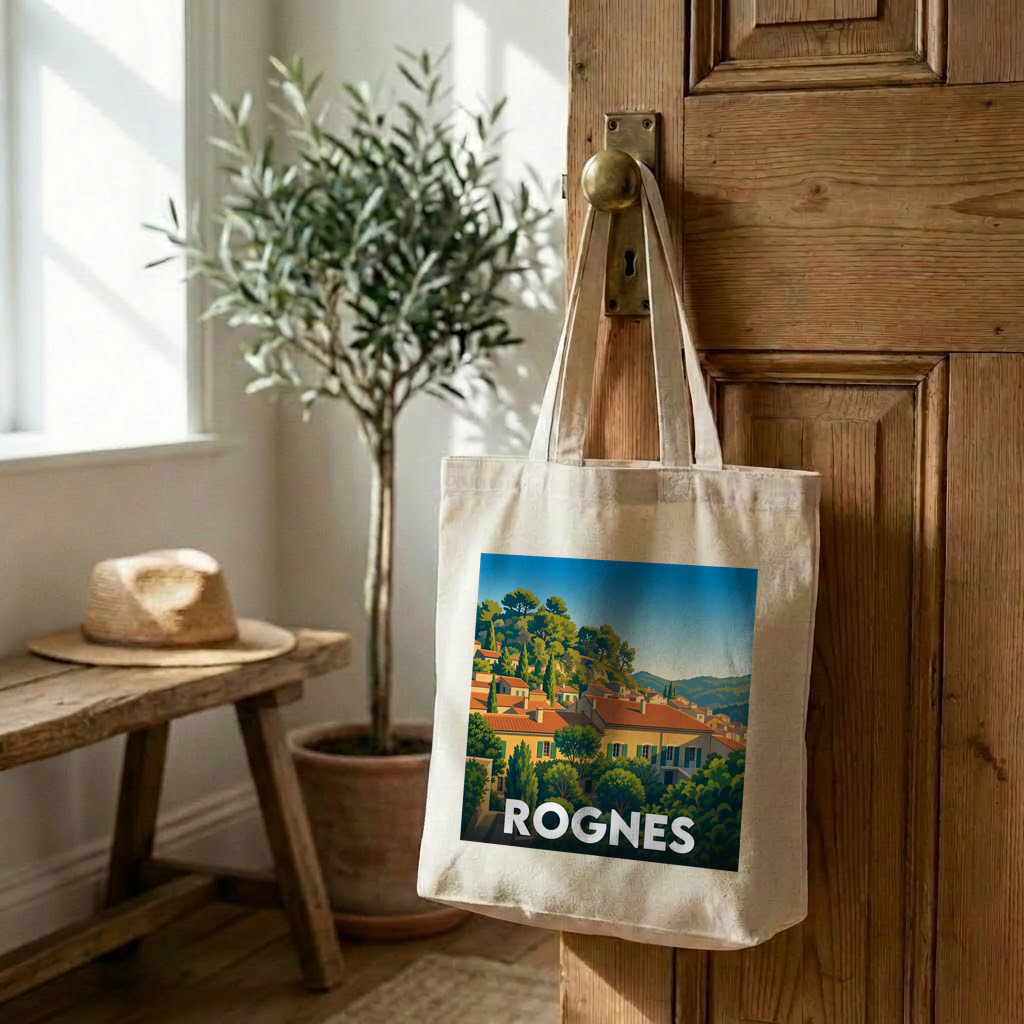 Tote bag souvenir de la ville de Rognes avec une illustration stylisée.