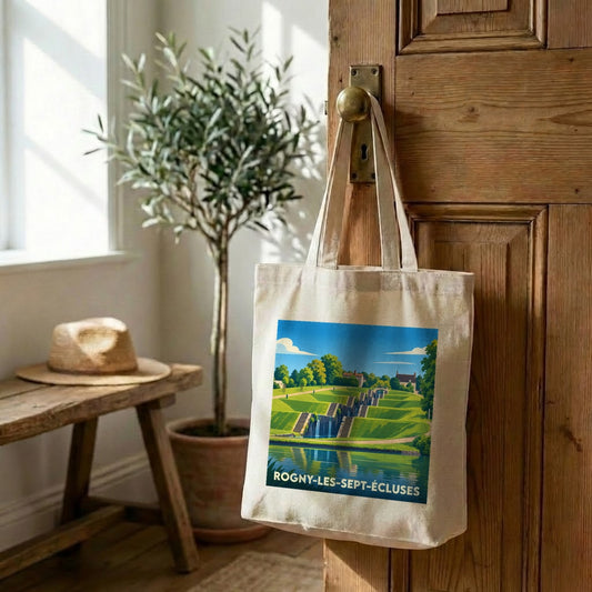Tote bag souvenir de la ville de Rogny-les-Sept-Écluses avec une illustration stylisée de ses écluses historiques.