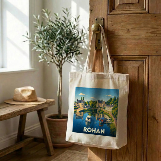 Tote bag souvenir de la ville de Rohan avec une illustration stylisée.