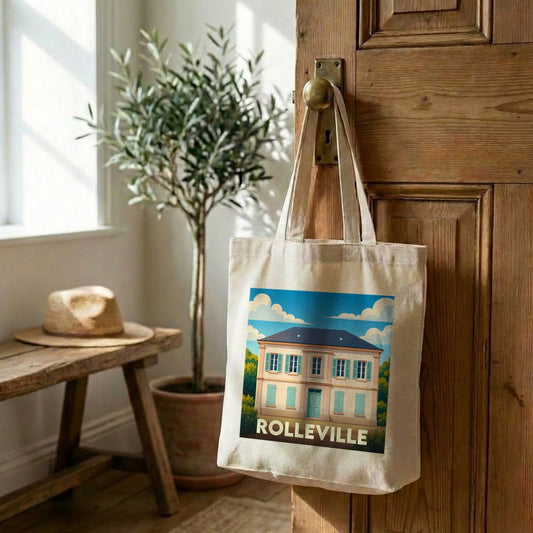 Tote bag souvenir de la ville de Rolleville avec une illustration stylisée.