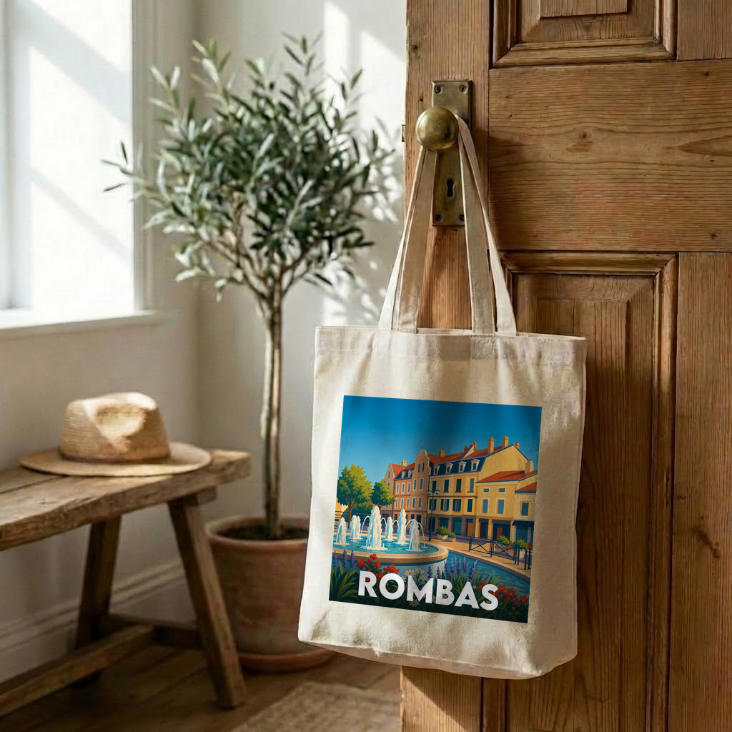 Tote bag souvenir de la ville de Rombas avec une illustration stylisée.