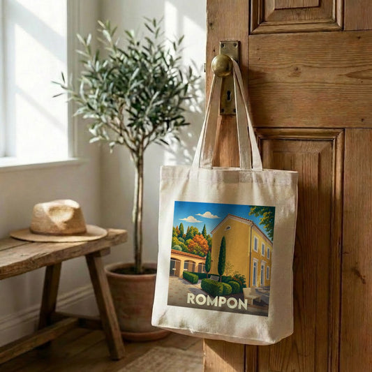 Tote bag souvenir de la ville de Rompon avec une illustration stylisée.