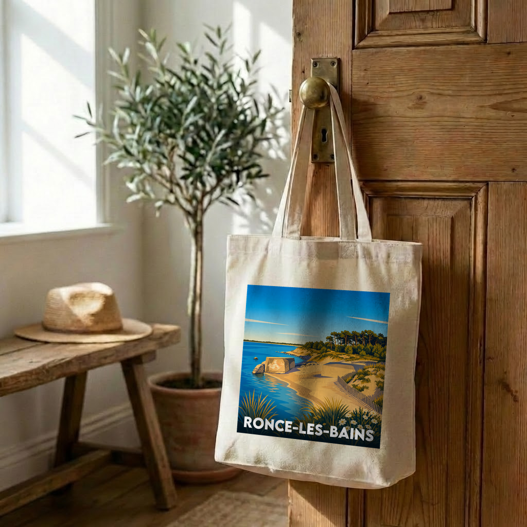Tote bag souvenir de Ronce-les-Bains avec une illustration stylisée de son paysage côtier.
