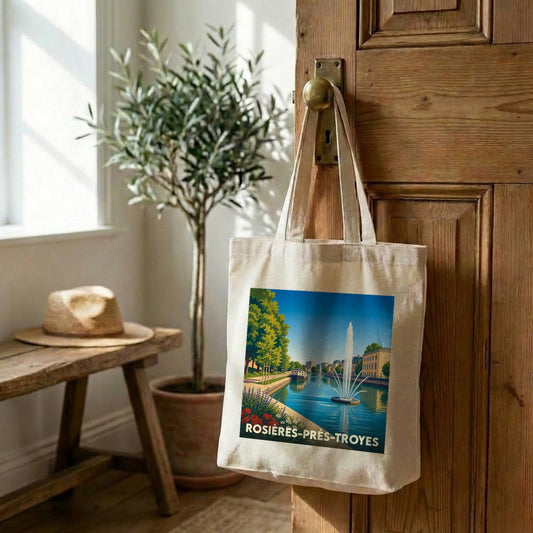 Tote bag souvenir de la ville de Rosières-près-Troyes avec une illustration stylisée.