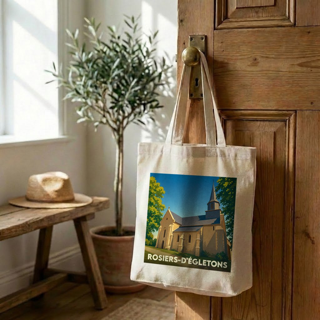 Tote bag souvenir de la ville de Rosiers-d'Égletons avec une illustration stylisée d'une église.