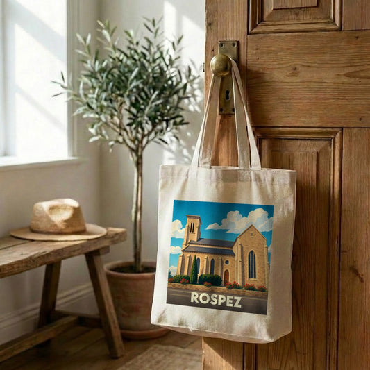 Tote bag souvenir de la ville de Rospez avec une illustration stylisée de son église.