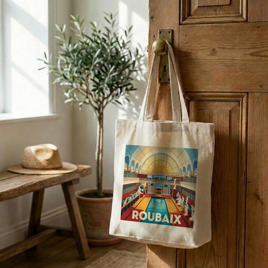Tote bag souvenir de la ville de Roubaix avec une illustration stylisée.