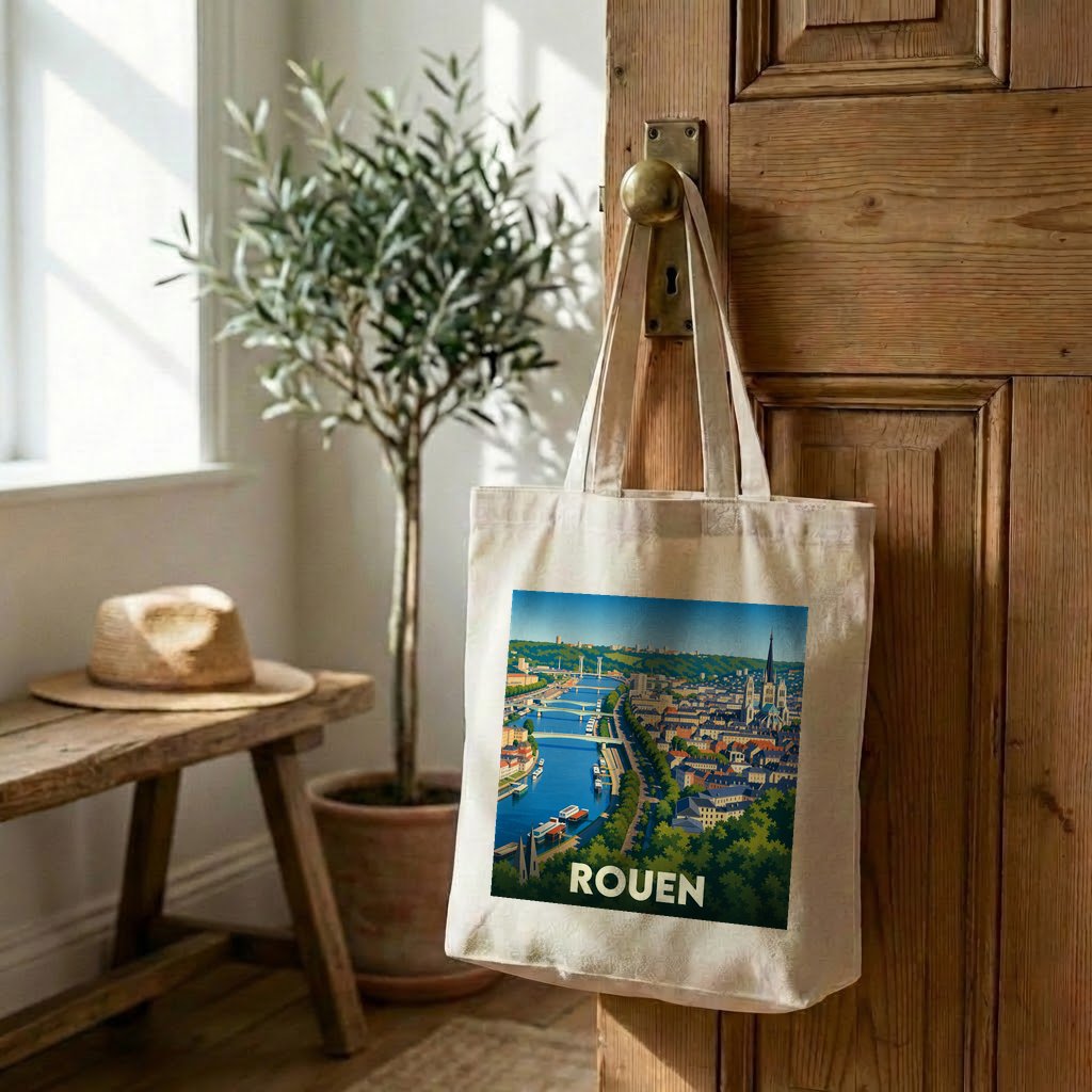 Tote bag souvenir de la ville de Rouen avec une illustration panoramique stylisée.