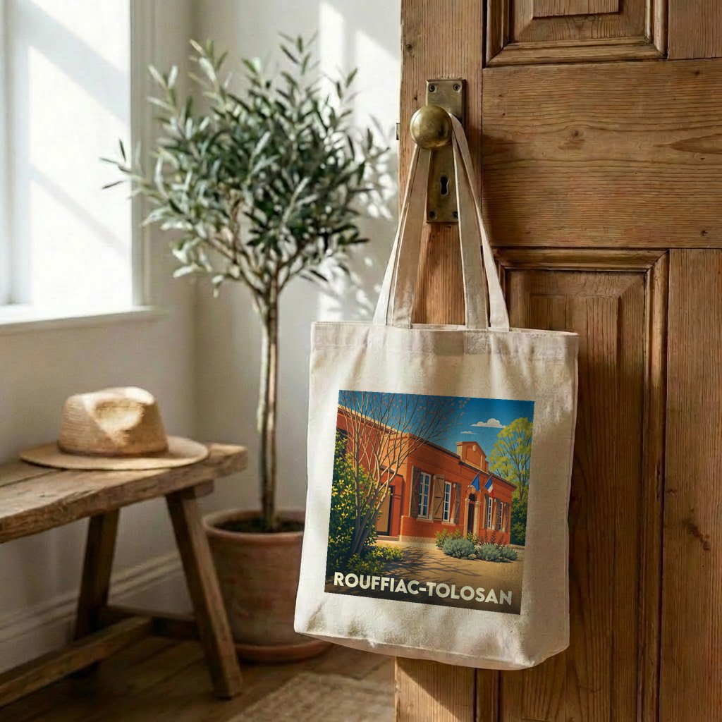 Tote bag souvenir de la ville de Rouffiac-Tolosan avec une illustration stylisée d'un bâtiment typique.