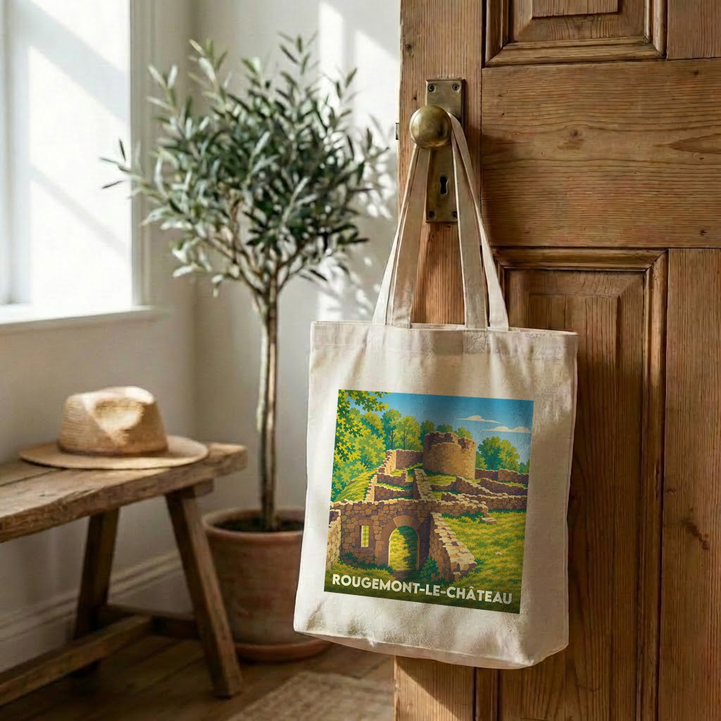 Tote bag souvenir de la ville de Rougemont-le-Château avec une illustration stylisée de ses ruines médiévales.