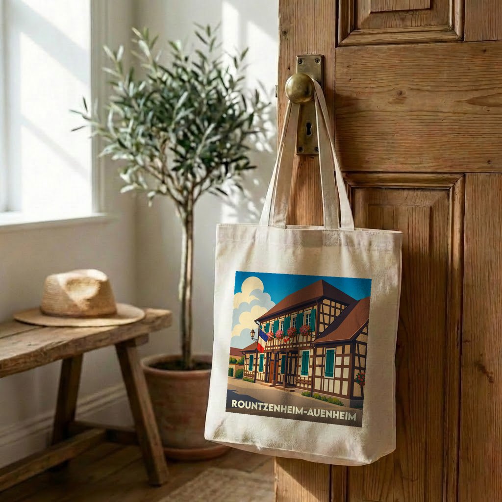 Tote bag souvenir de la ville de Rountzenheim-Auenheim avec une illustration stylisée d'une maison à colombages.