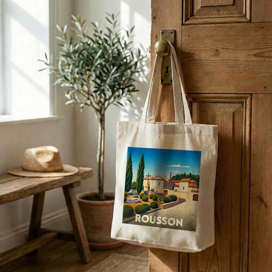 Tote bag souvenir de la ville de Rousson avec une illustration stylisée d'un paysage provençal.