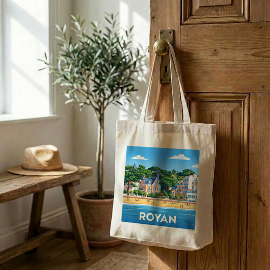 Tote bag souvenir de la ville de Royan avec une illustration stylisée.