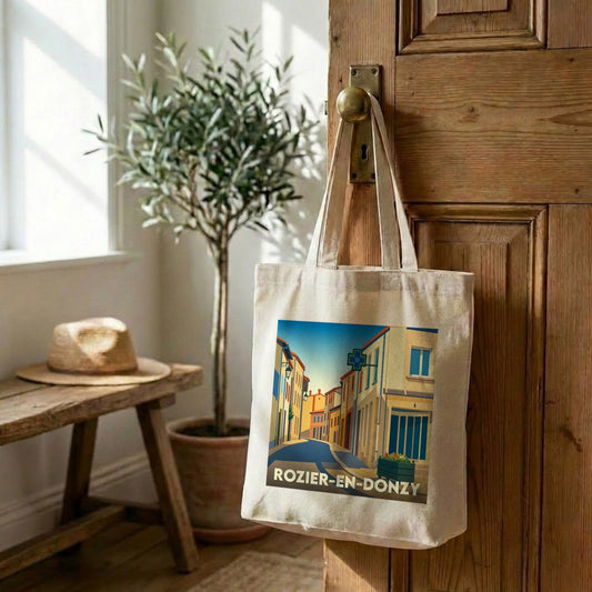 Tote bag souvenir de la ville de Rozier-en-Donzy avec une illustration stylisée.
