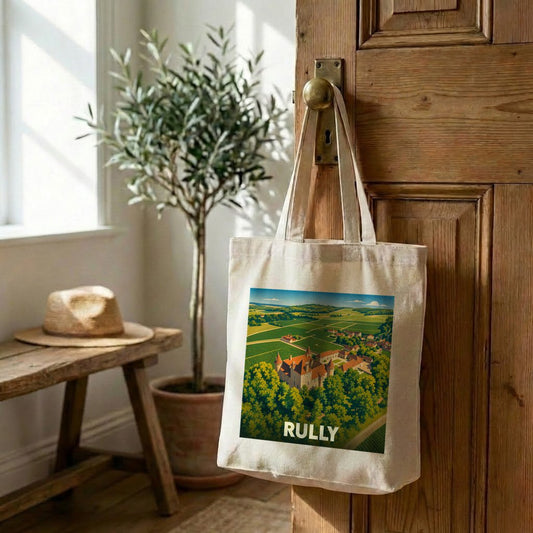 Tote bag souvenir de la ville de Rully avec une illustration stylisée d'un château et de vignobles.