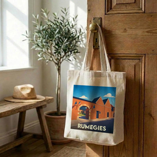 Tote bag souvenir de la ville de Rumegies avec une illustration stylisée.