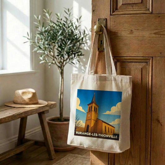 Tote bag souvenir de la ville de Rurange-lès-Thionville avec une illustration stylisée de son église.