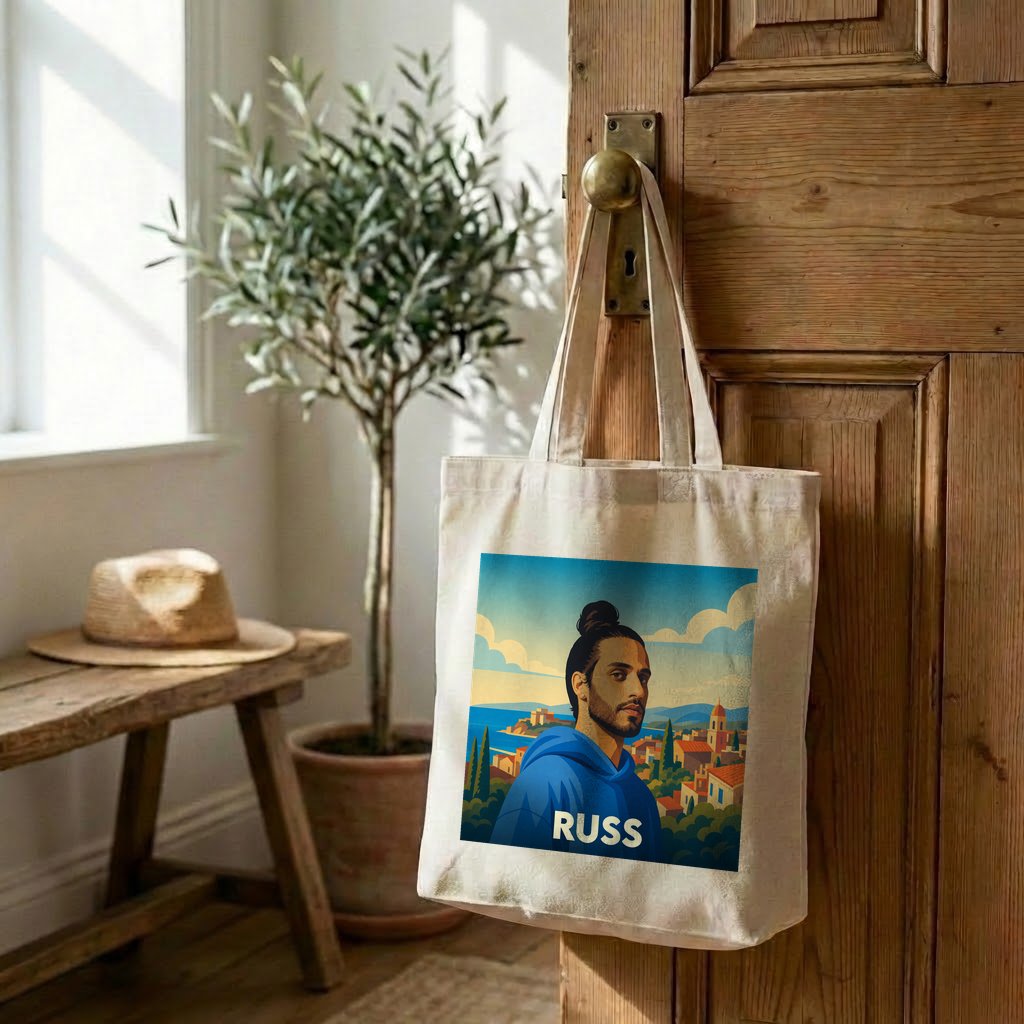 Tote bag souvenir de la ville de Russ avec une illustration stylisée.