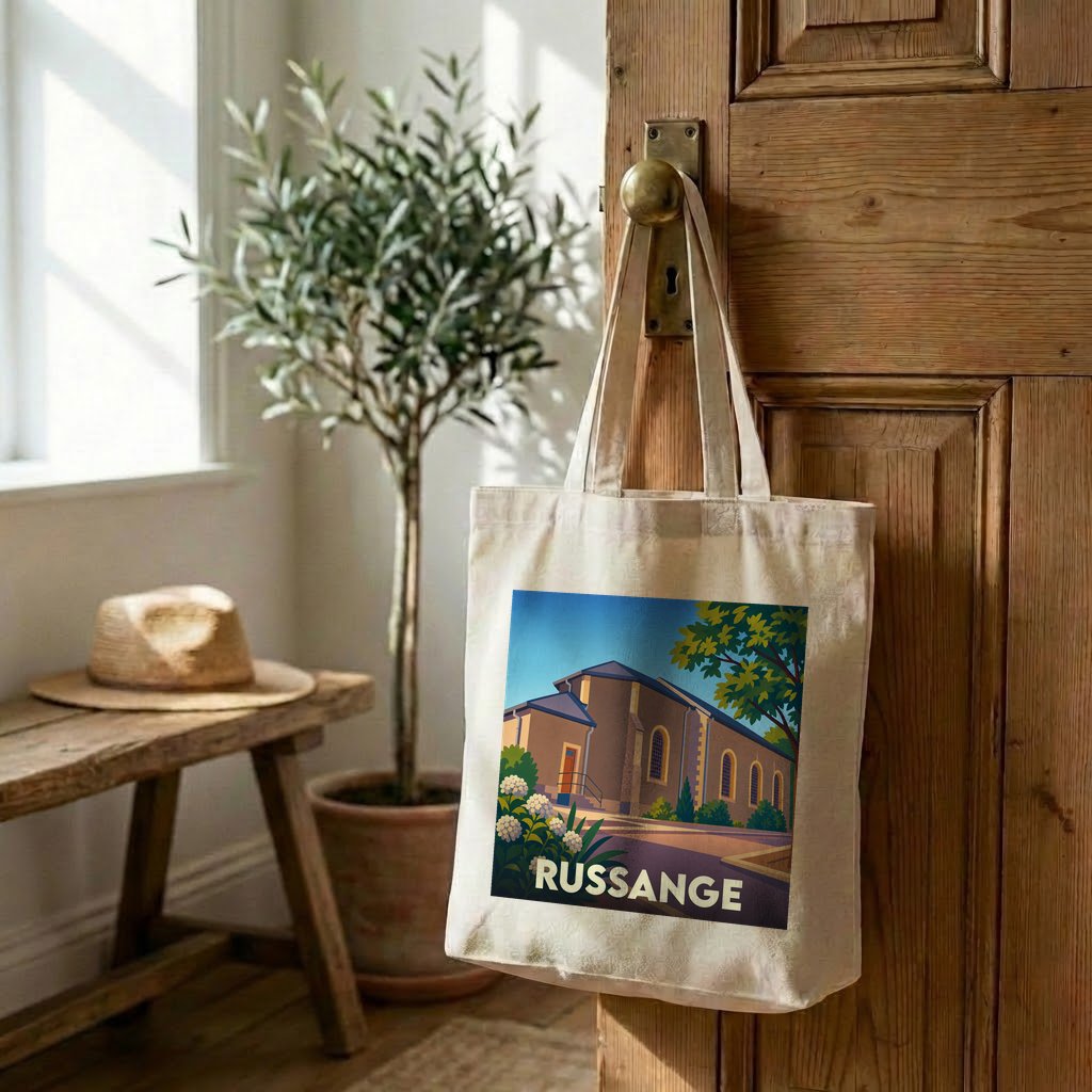 Tote bag souvenir de la ville de Russange avec une illustration stylisée.