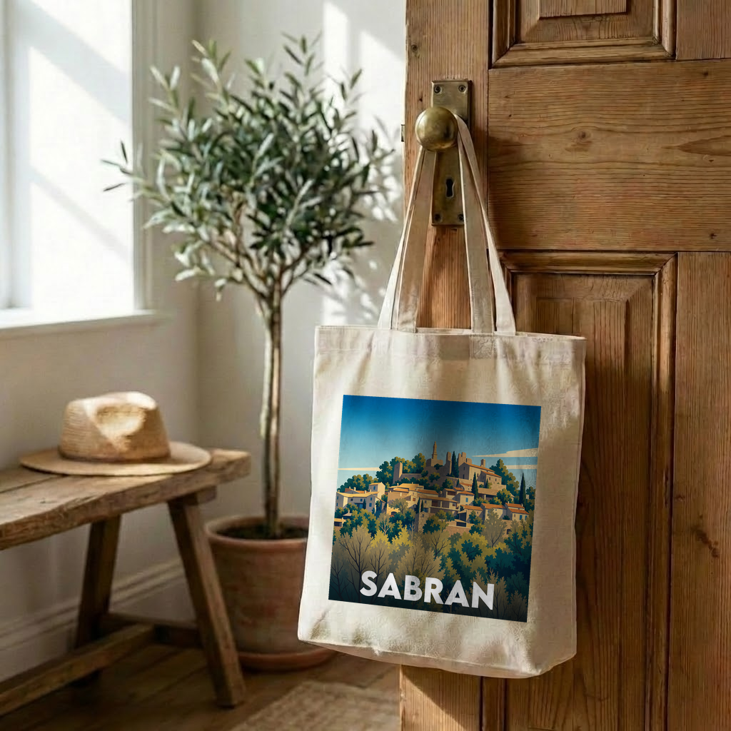 Tote bag souvenir de la ville de Sabran avec une illustration stylisée.