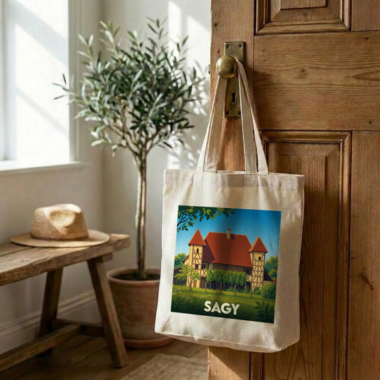 Tote bag souvenir de la ville de Sagy avec une illustration stylisée d'un manoir.