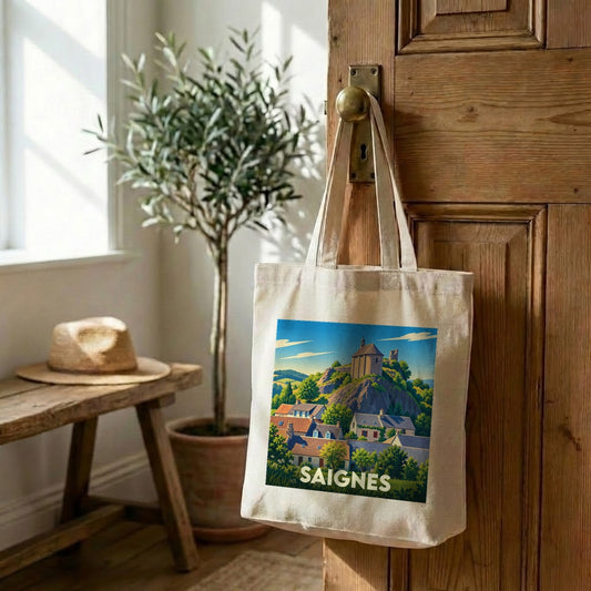 Tote bag souvenir de la ville de Saignes avec une illustration stylisée de son paysage.