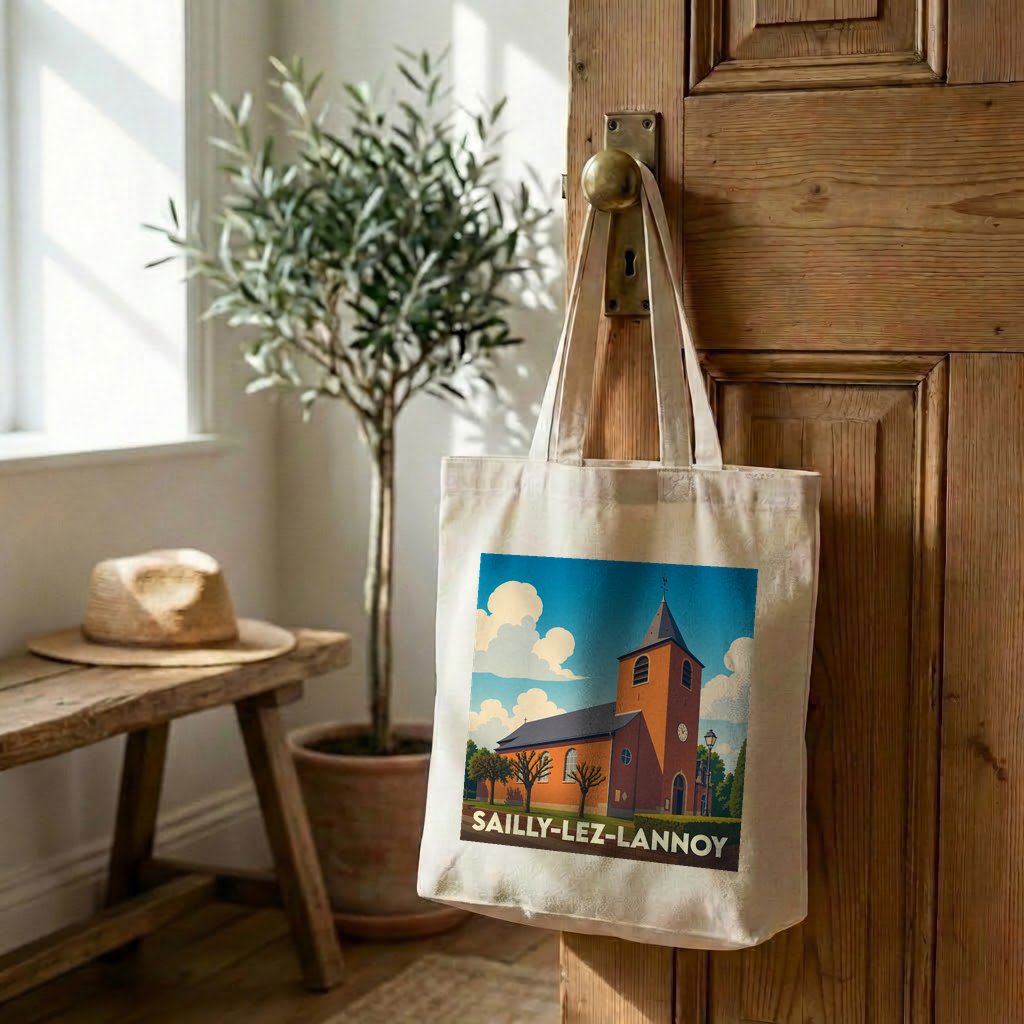 Tote bag souvenir de la ville de Sailly-lez-Lannoy avec une illustration stylisée de son église.