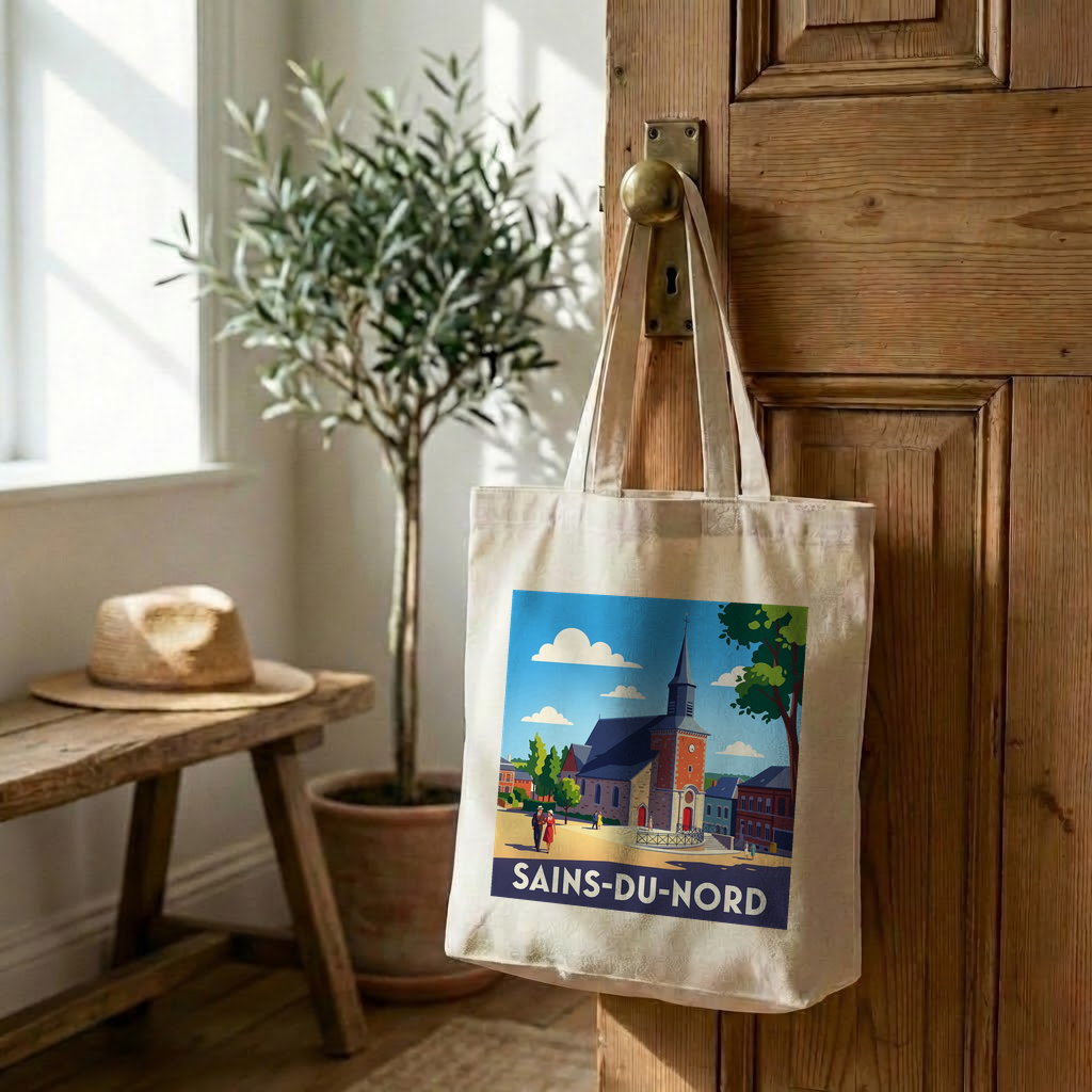 Tote bag souvenir de la ville de Sains-du-Nord avec une illustration stylisée.