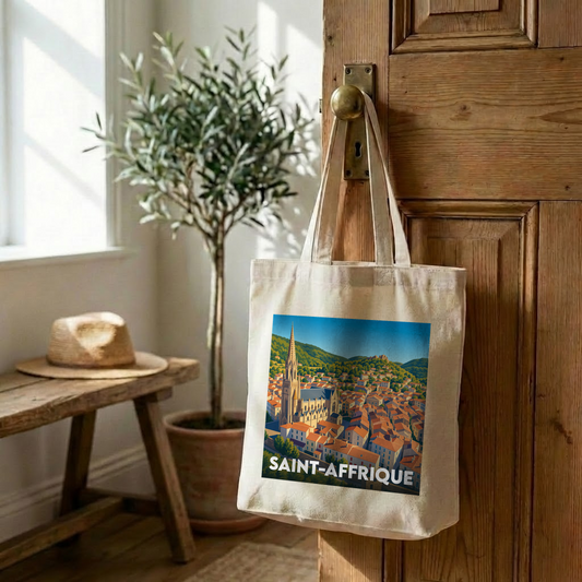 Tote bag souvenir de la ville de Saint-Affrique avec une illustration stylisée.