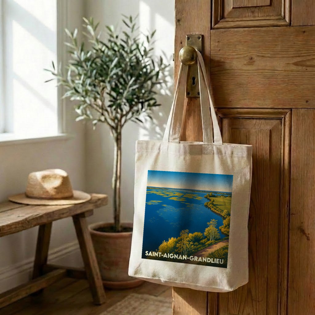Tote bag souvenir de Saint-Aignan-Grandlieu illustré par une vue panoramique stylisée du lac.