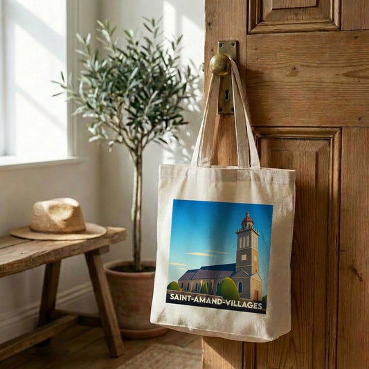 Tote bag souvenir de Saint-Amand-Villages avec une illustration stylisée de son église.