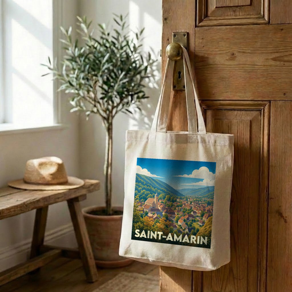 Tote bag souvenir de la ville de Saint-Amarin orné d'une illustration paysagère stylisée.