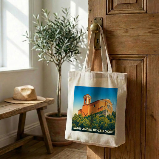 Tote bag souvenir de la ville de Saint-André-de-la-Roche avec une illustration stylisée.