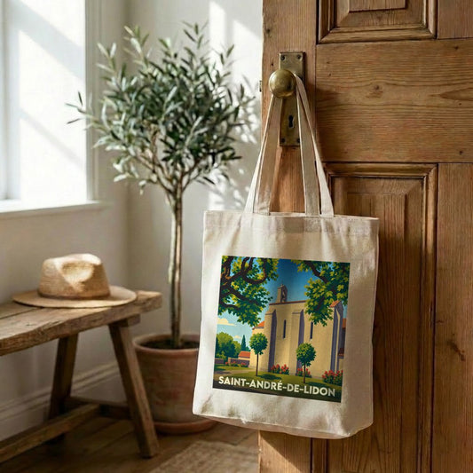 Tote bag souvenir de la ville de Saint-André-de-Lidon avec une illustration stylisée.