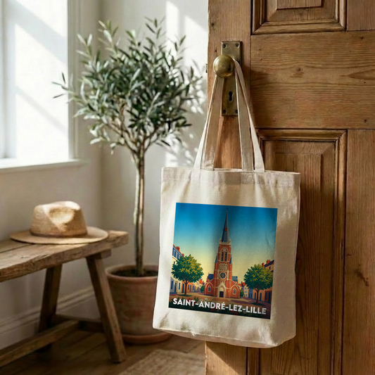 Tote bag souvenir de la ville de Saint-André-lez-Lille avec une illustration stylisée.