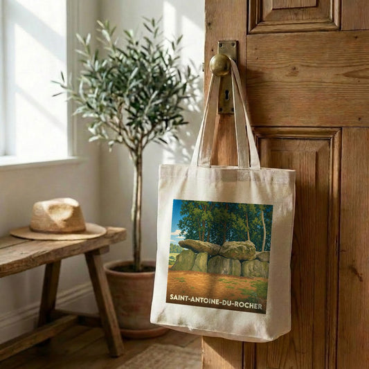Tote bag souvenir de la ville de Saint-Antoine-du-Rocher avec une illustration stylisée d'un dolmen.