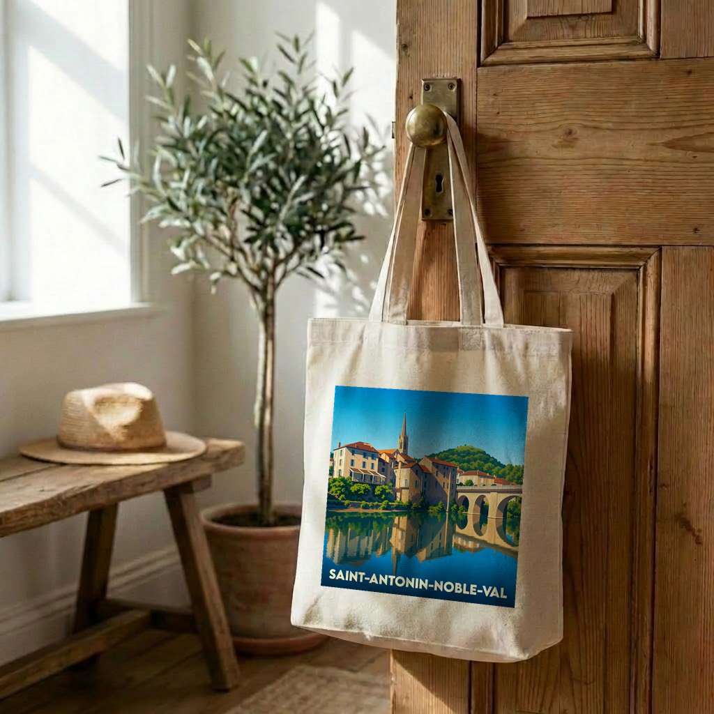 Tote bag souvenir de la ville de Saint-Antonin-Noble-Val avec une illustration stylisée d'un pont et de maisons au bord de l'eau.