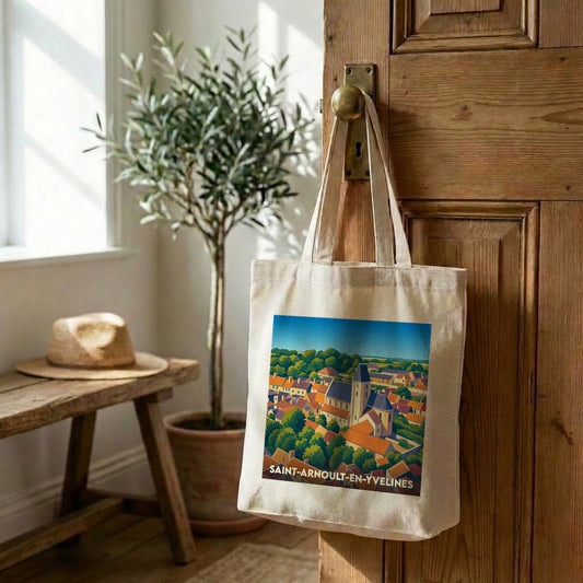 Tote bag souvenir de la ville de Saint-Arnoult-en-Yvelines avec une illustration colorée et stylisée.