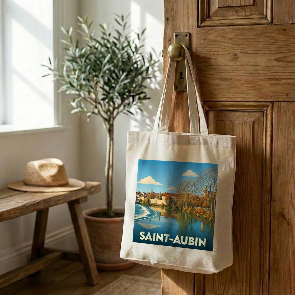 Tote bag souvenir de la ville de Saint-Aubin avec une illustration de paysage urbain au bord de l'eau.