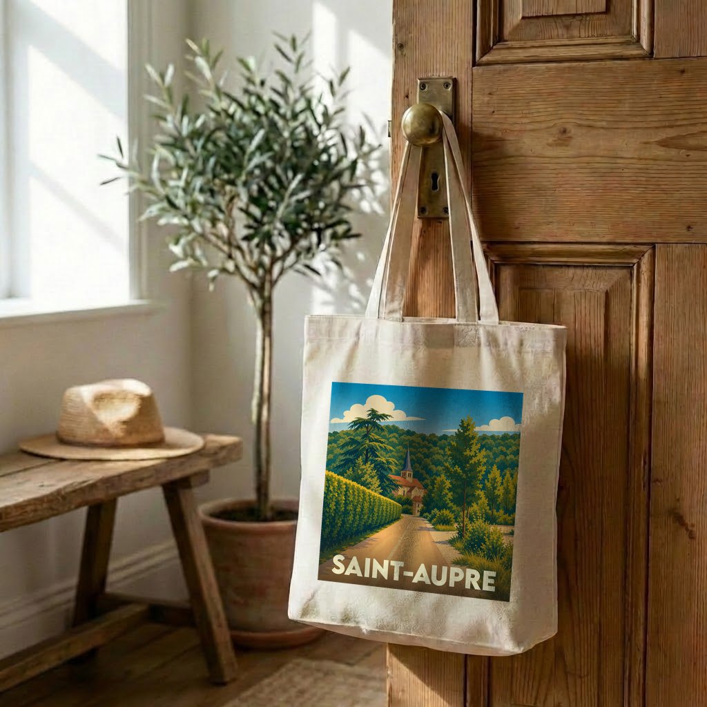 Tote bag souvenir de la ville de Saint-Aupre avec une illustration stylisée de paysage.